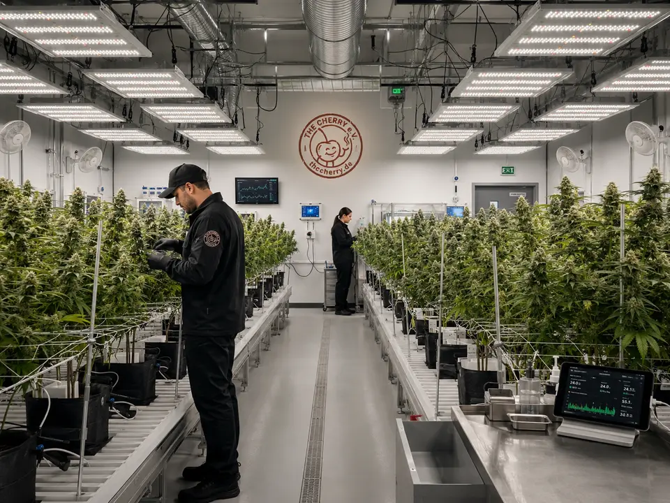Innenraum mit Cannabis-Pflanzen in Reihen unter LED-Leuchten, zwei Personen bei der Pflege.