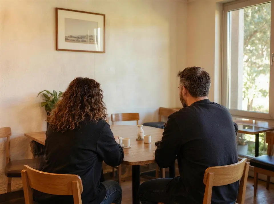 Zwei Mitglieder sitzen von hinten an einem Holztisch im Vereinsheim und unterhalten sich, an der Wand ein gerahmtes Bild.